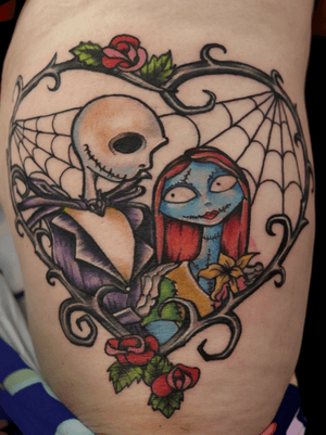 A cool Jack n Sally poster image. #thigh #thightattoo #nightmarebeforechristmas #jackskellington #tattooideasforgirls #tattoodesign #inkedgirls #tattoolife #timburton #creepy #love #skull 