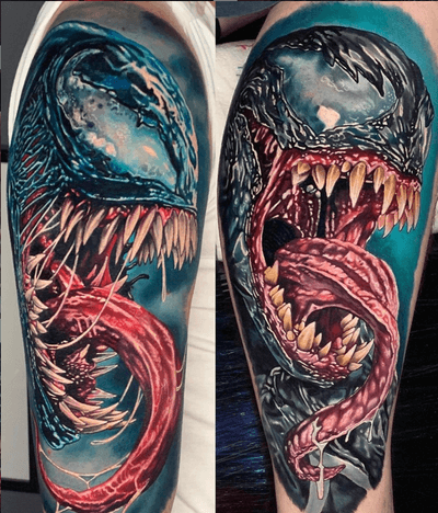 I’ve had the pleasure of tattooing #Venom twice in the last year. Such a great character and I hope we get a good Venom film at some point. **Sponsored by** @fkirons #fkironsproteam @eternalink #eternalink @barber_dts #barberdts @stencilstuff #stencilstuff @immortalprime #immortalprime @mdwipeoutz #mdwipeoutz @Tattoodo #tattoodo @hyraw_clothing #hyrawclothing @secondskintac #secondskintac