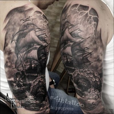 #tattooed #tattoos #ink #dynamicink @4ih_tattoo #AndreyKruhlou #blackandgray #graywash #Minsk #guestspots #tattooartist #tattooart #tattoostyle #artist #art #tattoophotography #animaltattoo #guestspottattoo #guestspot #tattooguestspot #tattooistartmag #tattoorealistic #octopus #octopustattoo #octopustattoos #sea #seatattoo #pirate #PirateTattoos #piratetattoo #shiptattoo #ship #tattooship 