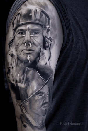 Portrait work my Rob Diamond. Can you guess the movie? #robdiamond #tattoodo #portrait #tattoo #blackandgrey #realistic