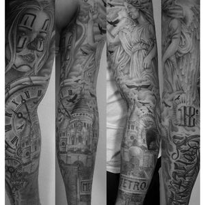 Full sleeve black and grey realistic tattoos, theme based on paris suburbs, monuments, architecture....