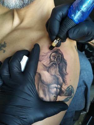 Poseidon tattoo Work in progress #poseidontattoo #blackandgreytattoo #realistictattoo 