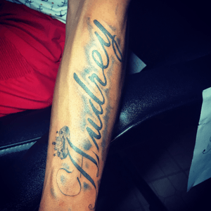 #lettering #tattoo #name #blackandgrey #big #scripttattoo #script #cursive script crown black and grey 