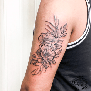 Floral Piece with Dotwork by Kirstie Trew • KTREW Tattoo • Birmingham, UK 🇬🇧 #floraltattoo #flowertattoo #dotwork #fineline #linework #birminghamuk