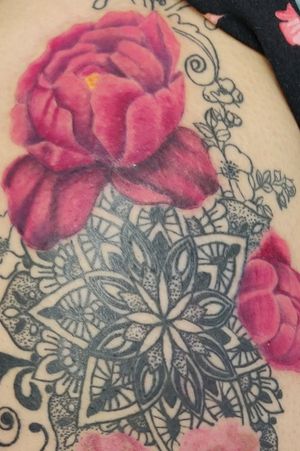 Peonies added to ongoing leg piece.