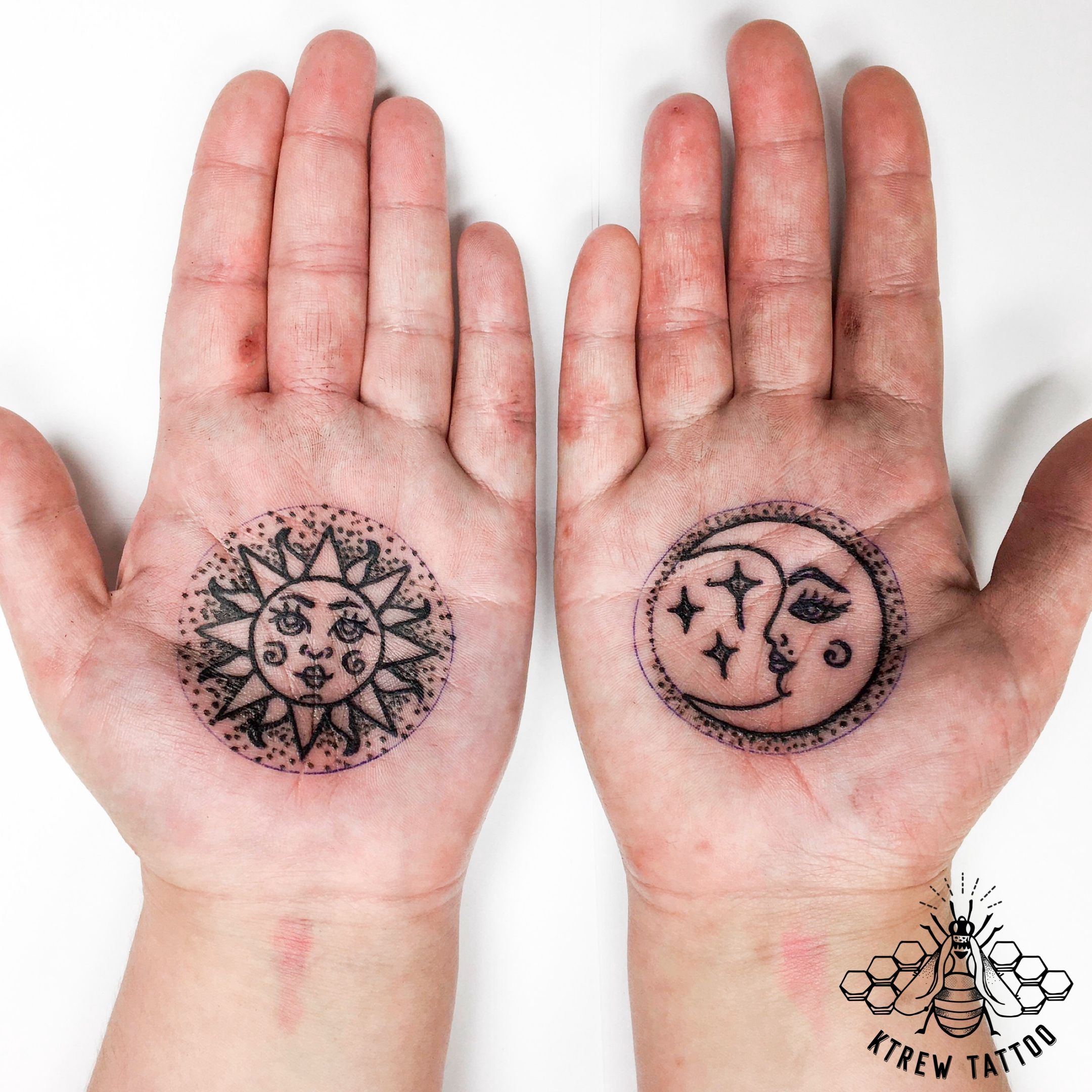 Tattoo uploaded by KTREW Tattoo • Sun & Moon Palm Tattoos by Kirstie Trew •  KTREW Tattoo • Birmingham, UK 🇬🇧 #tattoo #palmtattoo #suntattoo  #moontattoo #dotwork #linework • Tattoodo