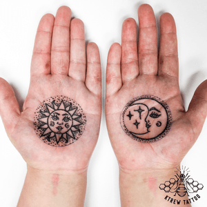 Sun & Moon Palm Tattoos by Kirstie Trew • KTREW Tattoo • Birmingham, UK 🇬🇧 #tattoo #palmtattoo #suntattoo #moontattoo #dotwork #linework
