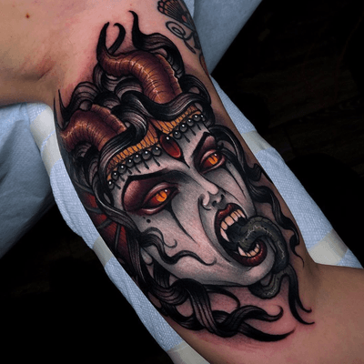 Happy Halloween!!! Demon lady on the inner bicep from yesterday