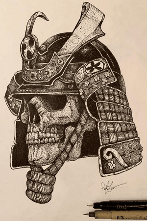 14 hour dot drawing of a skull and Samurai helmet