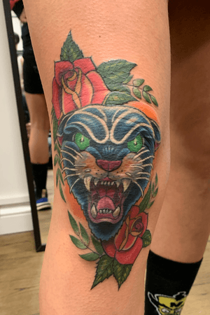 Panther and rose tattoo. #panther #rose #neotraditional 