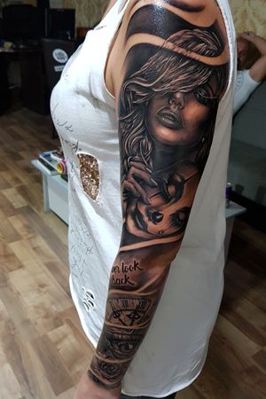 Full sleeve#sleeve #clock #eye #rose #chicano #mask #girl