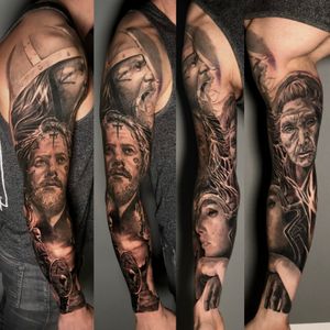 Full arm sleeve tattoo of Viking Warriors, London, UK | #blackandgreytattoos #realistictattoos #fullsleevetattoos #vikingtattoos