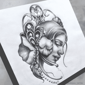Pensive silhouette of a woman with flowers, filigree, beads and leaves. Custom flash design. Additional flash is available on the Body Art section of my website. www.andreannai.com #lady #ladyhead #portrait #Artnouveau #filigree #flash #realism #blackandgrey