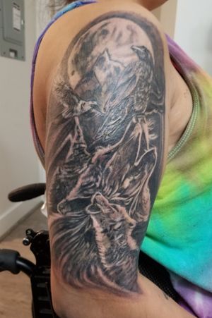 Customised tattoo for a client! The wolf and the cub represents the mother and her child, Raven eagle full moon, hills and forests ! 