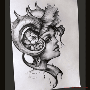 Edgy woman with horns, flowers and filigree. Custom tattoo flash. Addition flash is available in the Body Art section of my website. www.andreannai.com #blackandgrey #flash #neotraditional #portrait #ladyhead #horns #lady #darkart #blackandgrey #illustrative 