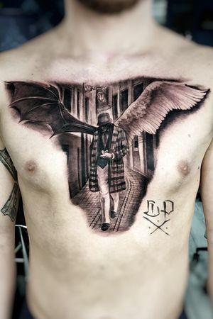 Experience the beauty of black and gray realism with this stunning tattoo by Mauro Imperatori. Featuring an angel and man motif, this chest piece is sure to make a statement.
