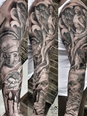 Detailed black and gray tattoo by Mauro Imperatori featuring an angel wearing a helmet, perfect for a sleeve design.