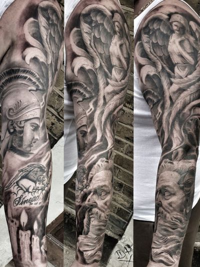 Detailed black and gray tattoo by Mauro Imperatori featuring an angel wearing a helmet, perfect for a sleeve design.