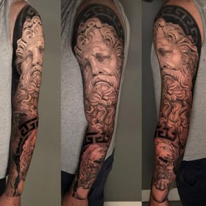 Arno, God of the river, Athena and Michelangelo lion full sleeve tattoo in black and grey realism, London, UK | #blackandgreytattoos #realistictattoos #fullsleevetattoos #mythologytattoos
