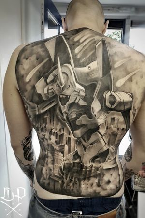 Get a cool anime robot tattoo on your back in black and gray style by Mauro Imperatori. Transform your body into a futuristic work of art.