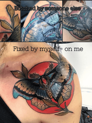 Corrective work on myself by me. I was left with a badly done, infected, scarred, unsaturated tattoo which i fixed on myself by relining, recoloring and generally restyling.