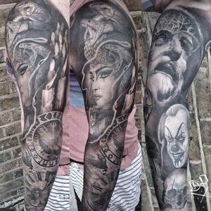 Experience the dark allure of Medusa intertwined with a man's portrait in stunning blackwork and realism by Mauro Imperatori on your sleeve.