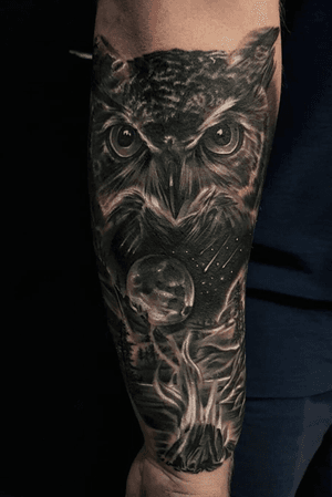 Realism Owl Tattoo with campfire and lake
