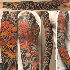 Traditional Japanese style full sleeve #Japanese #octopus #oni #sleeve #arm #color