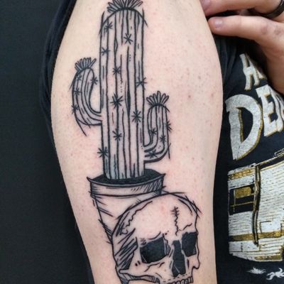 Cactus and Skull tattoo by Adam McDade #cactustattoo #skulltattoo #blackwork #adammcdade