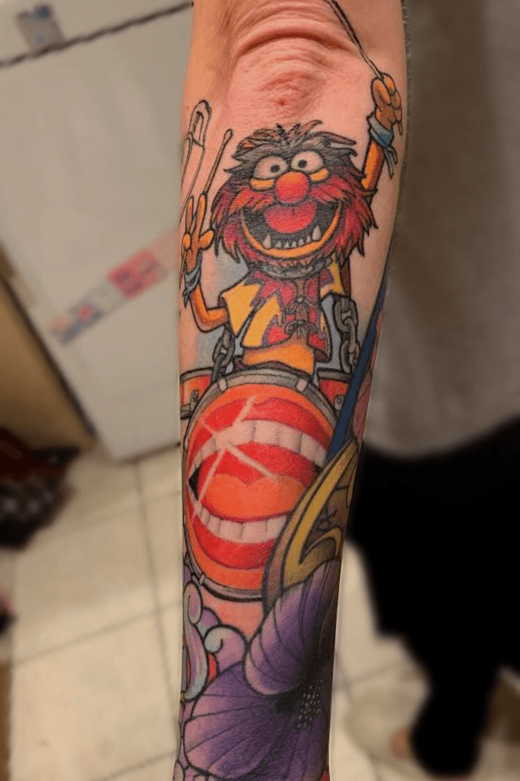 Animal Muppet patch tattoo located on the shin
