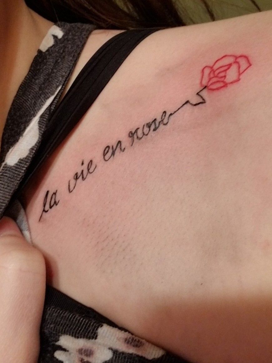 La vie en prose lettering tattoo on the forearm