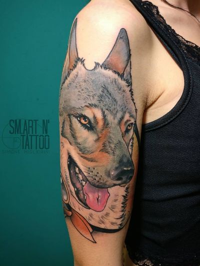 Dog portrait tattoo by Simone Migliorini #SimoneMigliorini #dog #petportrait #realism #color 