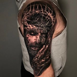 Passion of Jesus sleeve tattoo, London, UK | #blackandgreytattoos #realistictattoos #portraittattoos #christiantattoos