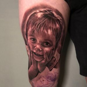 Little girl portrait leg tattoo in progress, London, UK | #blackandgreytattoos #realistictattoos #portraittattoos #legtattoos