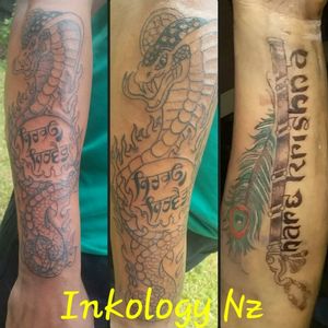 two forearm pieces #snaketattoo #blackandgrey #blackandgreytattoo #harekrishnatattoo #spiritualtattoo #spiritual #peacocktattoo #pecockfeathertattoo 