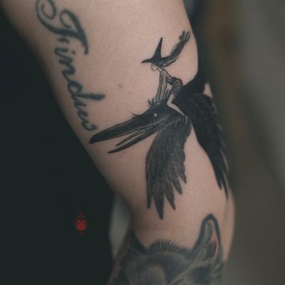 WITCH FLYING ON A RAVEN #finelinetattoo #raventattoo #witchtattoo #darktattoo #dark #fantasy #crow #raven #witch 