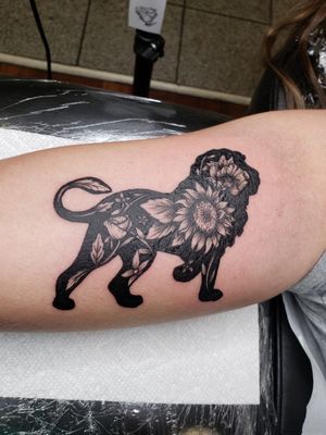 Lion, sunflower 