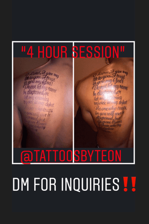 Back Scripture Tattoo 💉✨💉✨💉✨💉✨💉✨💉 📆Book your appointment 📞NOW!!📞 ✨💉✨💉✨💉✨💉✨💉✨ $25 Deposit to secure your spot 💉✨💉✨💉✨💉✨💉✨💉 🚶🏽‍♂️Walk-ins Available Also🚶🏽‍♂️ ✨💉✨💉✨💉✨💉✨💉✨ 📲 (443)-240-9445📲 🔌Facebook: Teon Thomas🔌 💻Instagram: tattoosbyteon_ 💻 🌇Located in Baltimore,MD.🌇 💯All Professional Equipment💯 💉✨💉✨💉✨💉✨💉✨💉 #tattooartist #eternalink #artistofbaltimore #kruddyink #followforfollow #baltimoreboomin #gainlikes#baltimore #dmvtattoo #philidelphiaink #shadingtattoo #colorwork #girlswithtattoos #artworld #virginia #professionaltattoomachine #halloweentattoo #tattooparty #tattoodeal #famousxdeegt #inkovaeverything #worldstar #tagafriend #motivation #entrepreneurlife #inked #whatidobest #myproffesion #drawing #hashtags #bibleverse #scripture #inkislikeadrug #inkislife #inkinmyblood #alldayeveryday #
