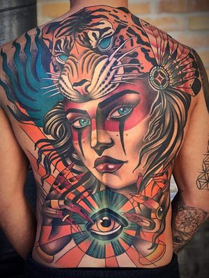Neo-traditional color backpiece by Stacy at High Fever Tattoo Oslo 