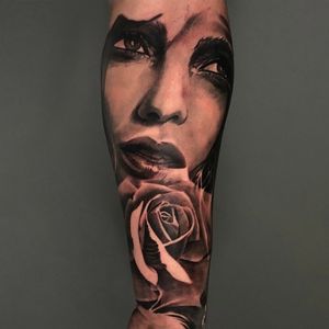Woman portrait & Rose sleeve arm tattoo, London, UK | #blackandgrey #realistic #tattoos #rosetattoos #armtattoo