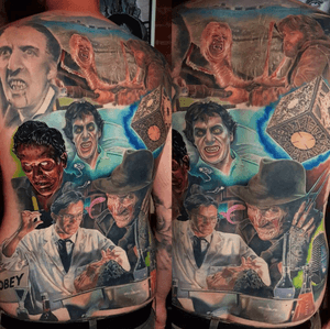 And we are done! Will get a better pic when Bruce has settled down, as he’s the centre of attention at the moment. We started this 2 1/2 years ago. I massively enjoyed this as it meant getting to tattoo a lot of my favourite movies. I’d love to do more pieces like this. 80’s horror for the won!! (Christopher Lee not be me)