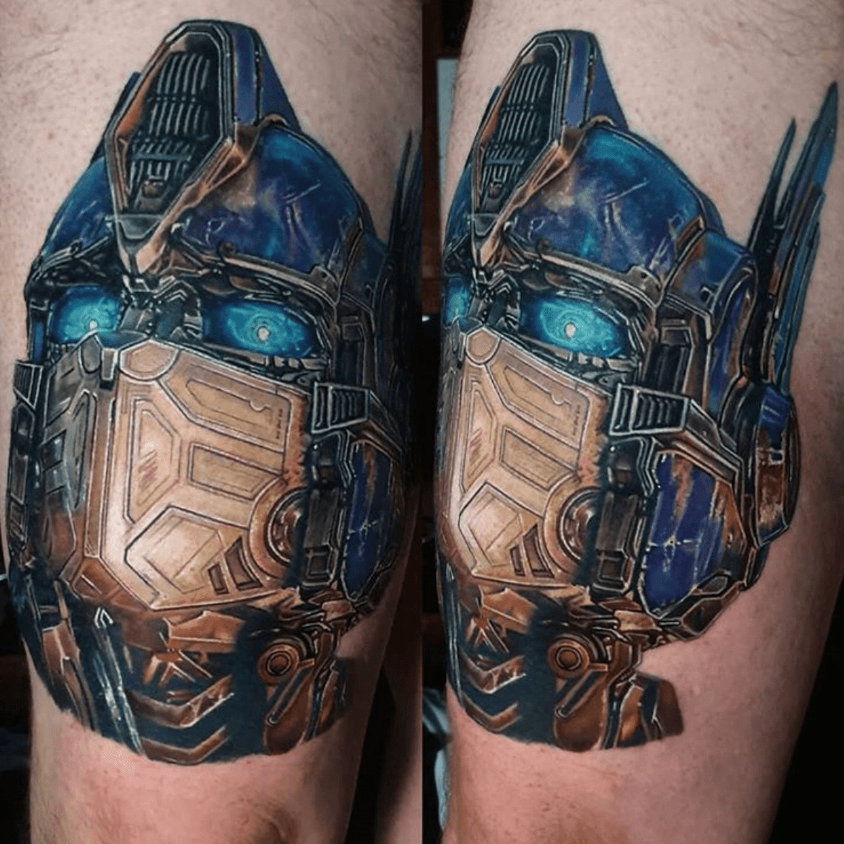 Realistic Optimus Prime tattoo on the right upper arm