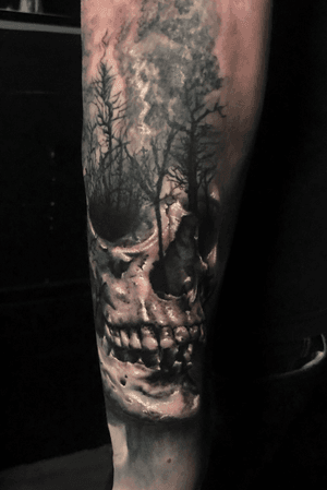 Skull and forest, added to an outer forearm to continue this sleeve #skull