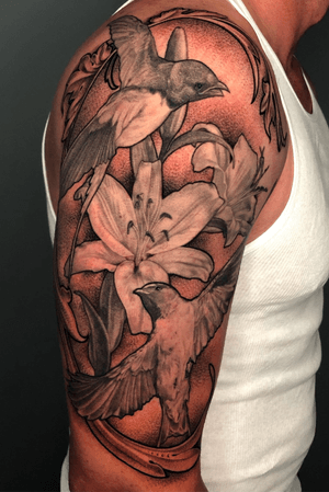 Black and grey realistic swallows and lilies #blackandgrey #realistic #lilies #swallow