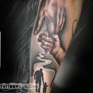 Father / Child Holding Hands Tattoo - Black and Grey