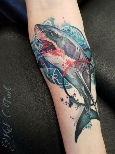 #watercolortattoo #watercolourtattoo #sharktattoo #botanicaltattoo #forearmtattoo #chicago #chicagotattooers #chicagotattooartists #shark 