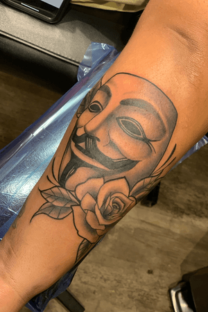 V for Vendetta Mask with Rose on Right Forearm #Tattoo #B&W #Migueltattz