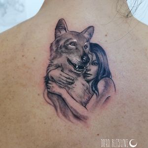 Best friends. Wolf and girl hug realistic