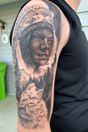 Indigenous girl, landscape & wolf outer half sleeve made in two back-to-back sessions over two days, around 12-14 hours total