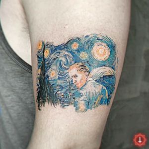 N°973 "The Starry Night / Self Portrait" by Vincent van Gogh #tattoo #tattooed #ink #inked #paint #painting #thestarrynight #starrynight #oilpainting #vincentvangogh #vangogh #vangoghtattoo #bylazlodasilva 🏠 Made in @ensamble01 #somosensamble 🛠️ Made with @boycottproducts #boycottproducts @radiantcolorsink #radiantcolorsink @dynamiccolor #dynamicink #dynamiccolor @fkirons #fkirons #spektrahalo2 @eztattooing #ezcartridges 